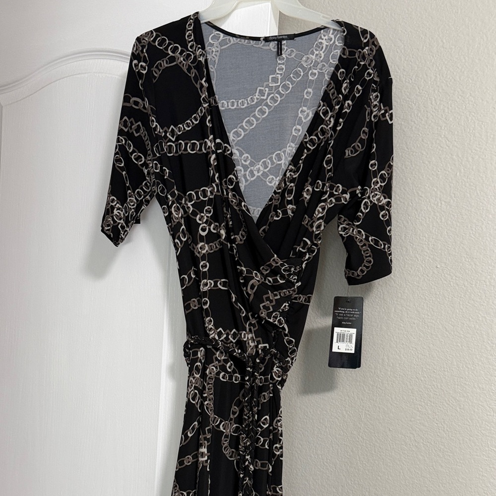 Daisy Fuentes Black Dress with Taupe Chain Print Asymmetrical